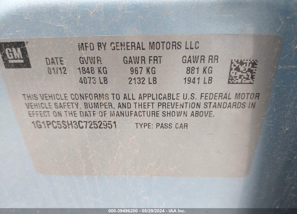 2012 CHEVROLET CRUZE VIN: 1G1PC5SH3C7252951