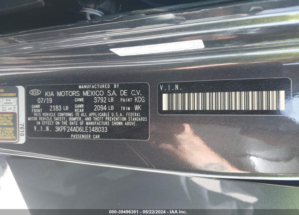 2020 KIA FORTE LXS VIN: 3KPF24AD6LE148033