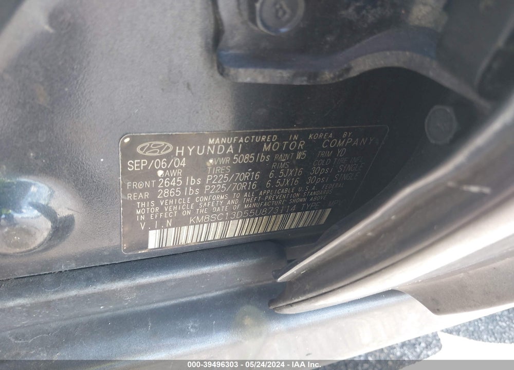 2005 HYUNDAI SANTA FE GLS VIN: KM8SC13D55U873114