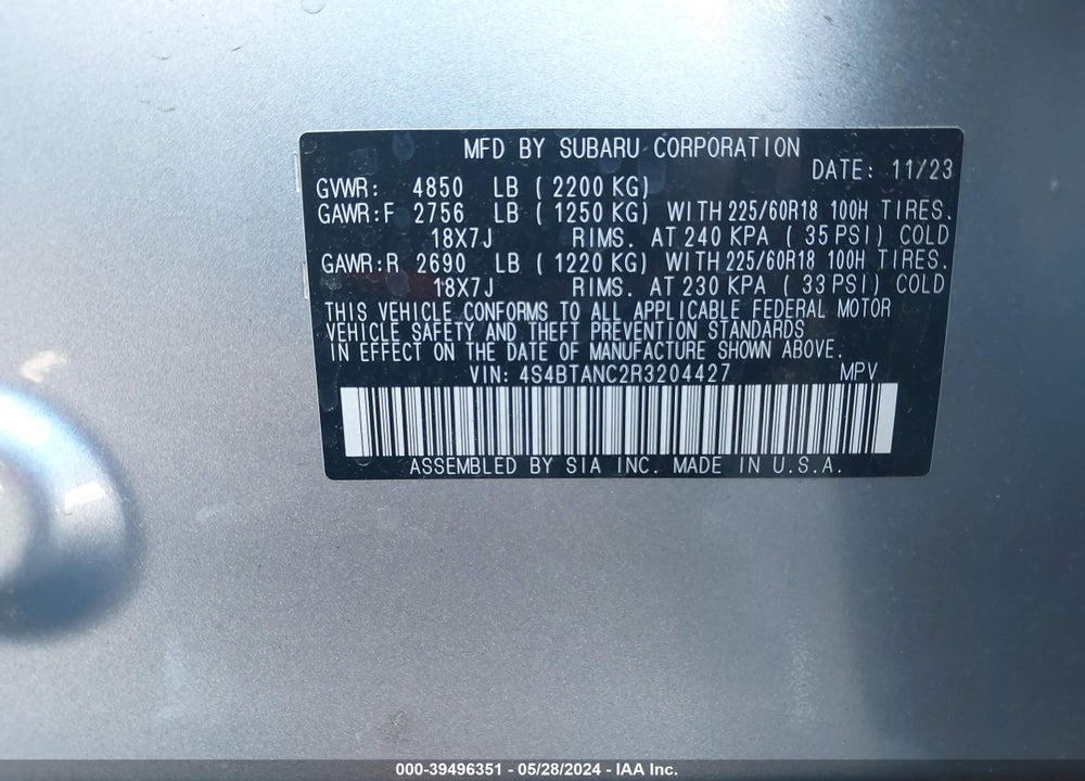2024 SUBARU OUTBACK LIMITED VIN: 4S4BTANC2R3204427