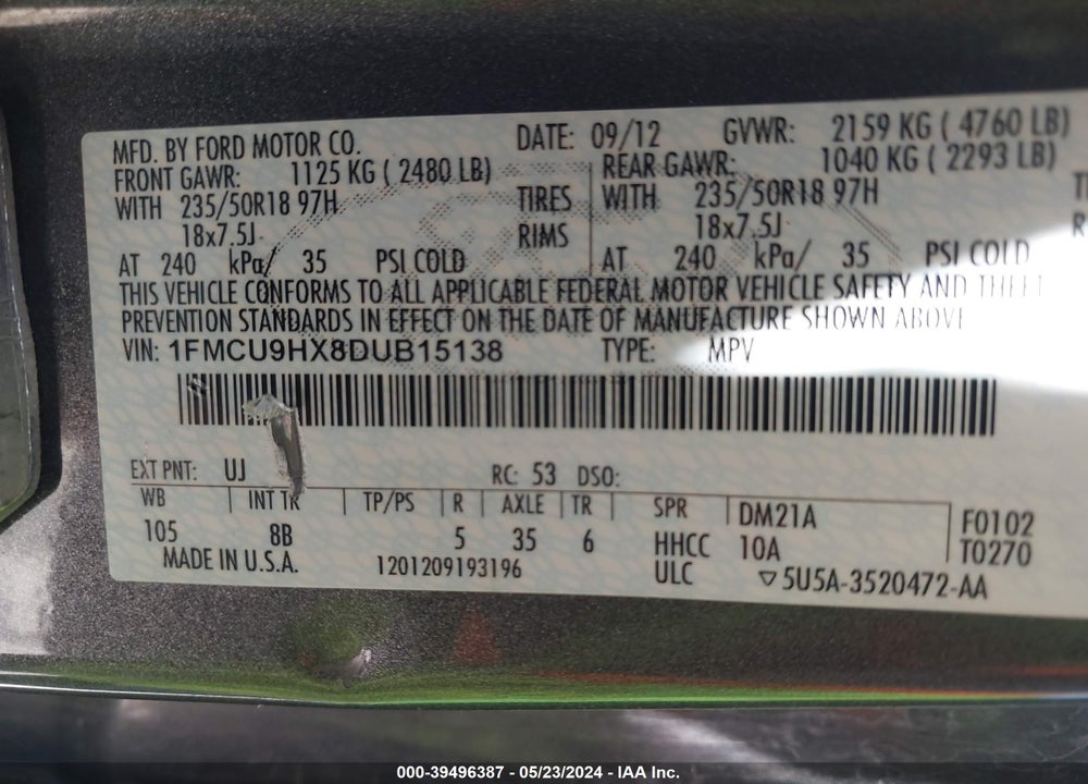 2013 FORD ESCAPE SEL VIN: 1FMCU9HX8DUB15138