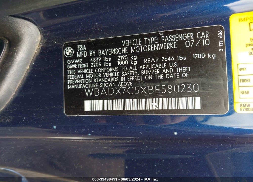 2011 BMW 335I VIN: WBADX7C5XBE580230
