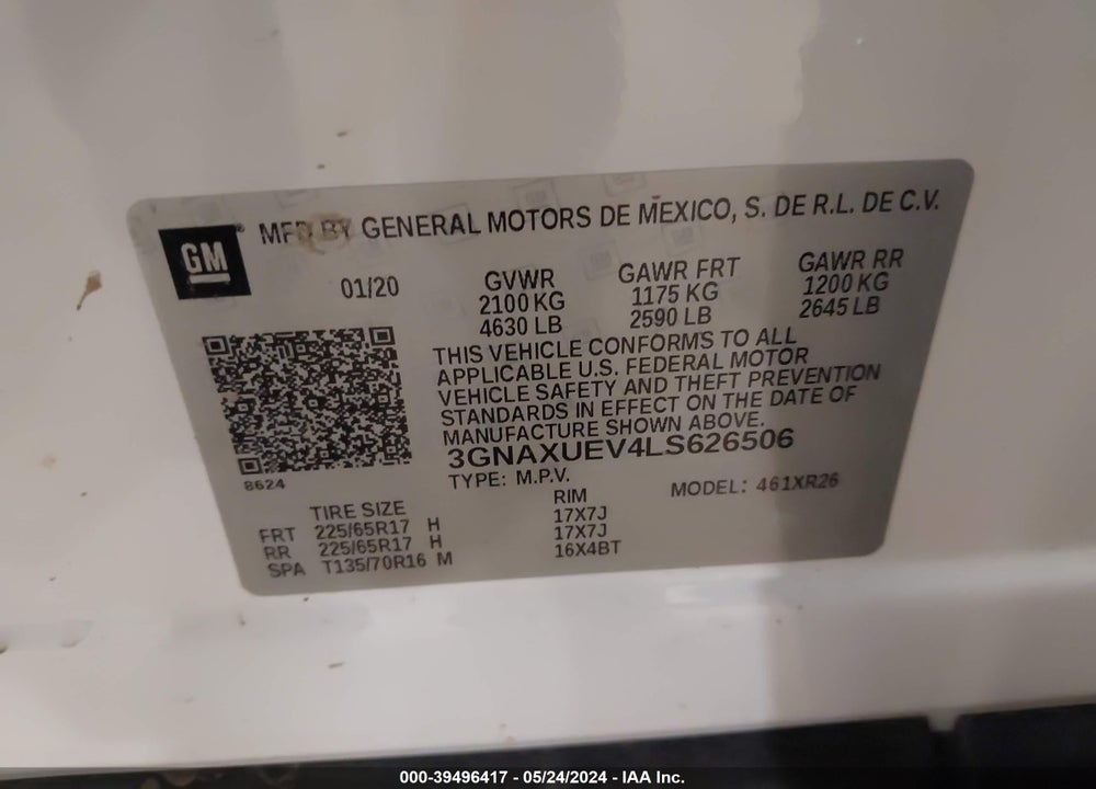 2020 CHEVROLET EQUINOX AWD LT 1.5L TURBO VIN: 3GNAXUEV4LS626506