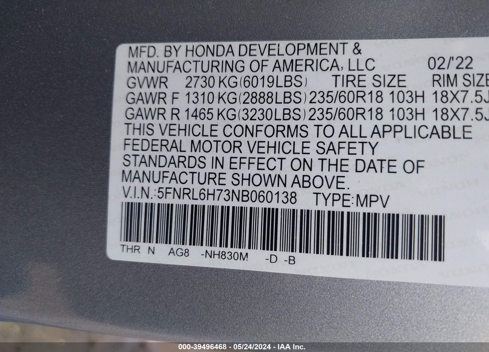 2022 HONDA ODYSSEY EX-L VIN: 5FNRL6H73NB060138