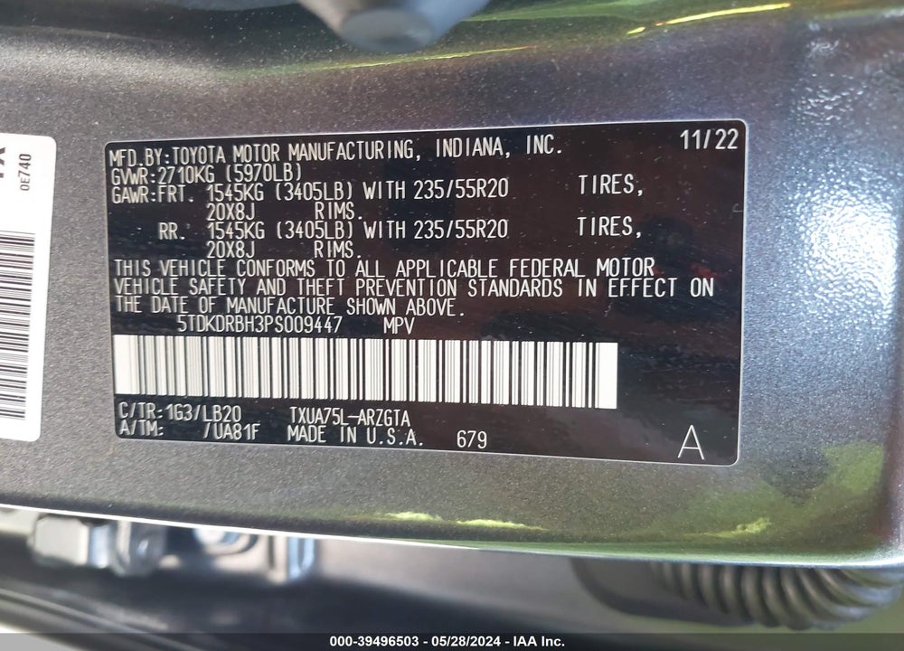 2023 TOYOTA HIGHLANDER LIMITED VIN: 5TDKDRBH3PS009447