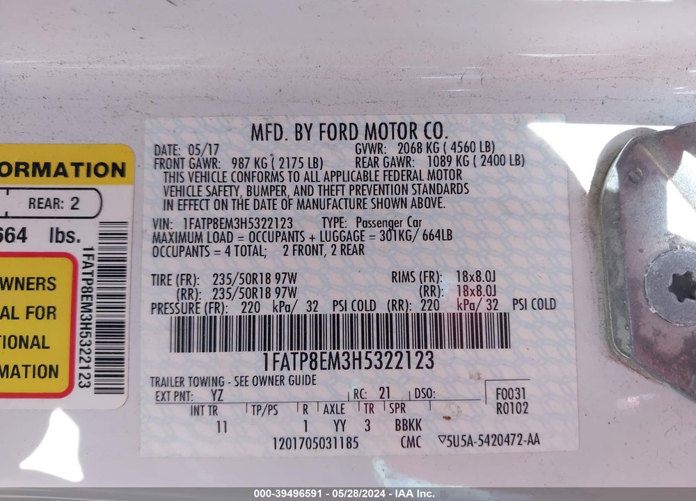 2017 FORD MUSTANG V6 VIN: 1FATP8EM3H5322123