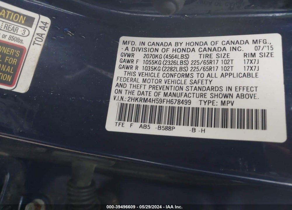 2015 HONDA CR-V EX VIN: 2HKRM4H59FH678499