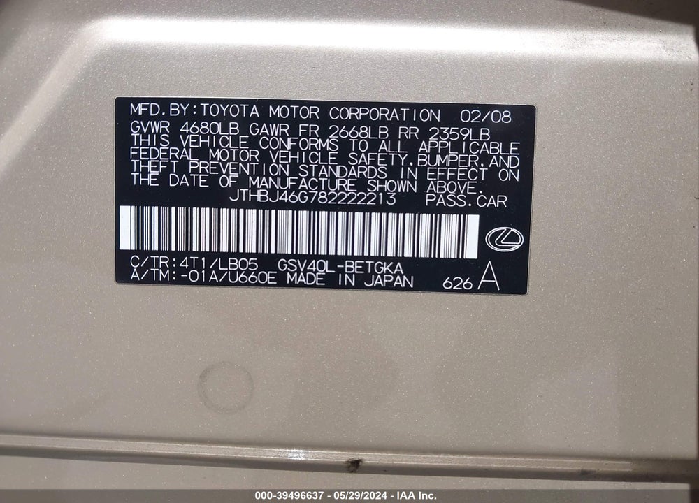 2008 LEXUS ES 350 VIN: JTHBJ46G782222213