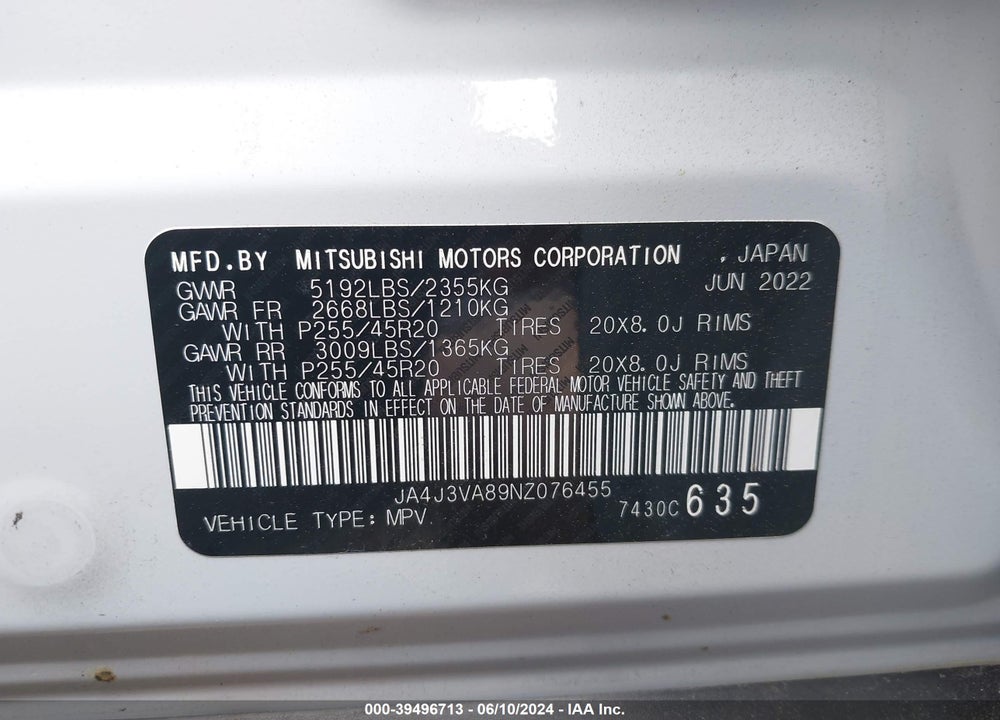 2022 MITSUBISHI OUTLANDER SEL 2.5 2WD/SEL SPECIAL EDITION 2WD VIN: JA4J3VA89NZ076455