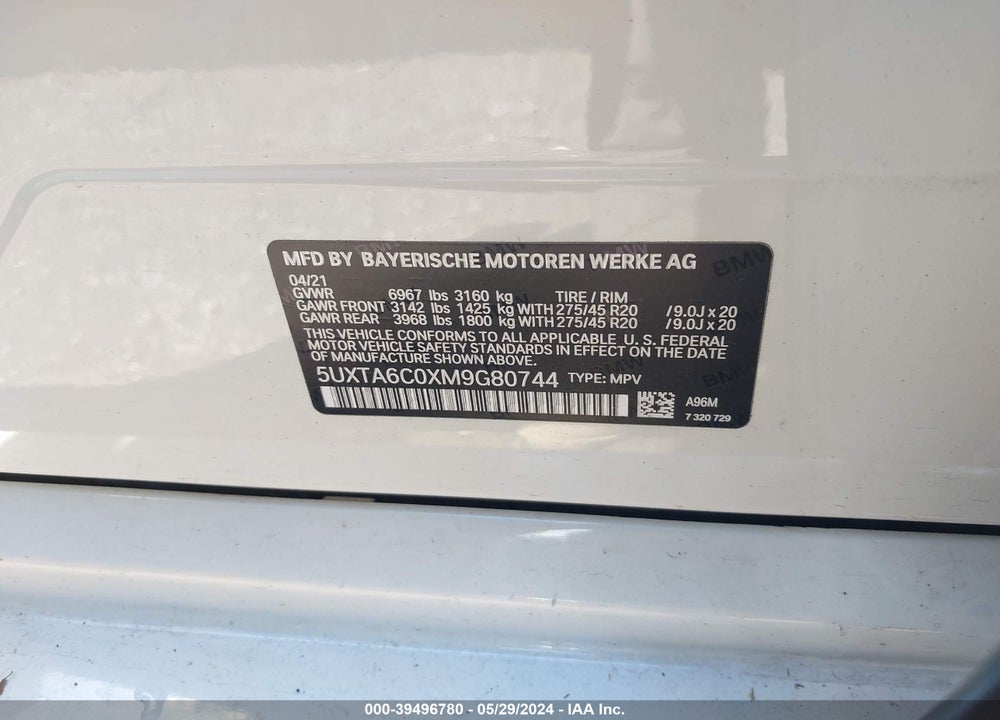 2021 BMW X5 PHEV XDRIVE45E VIN: 5UXTA6C0XM9G80744