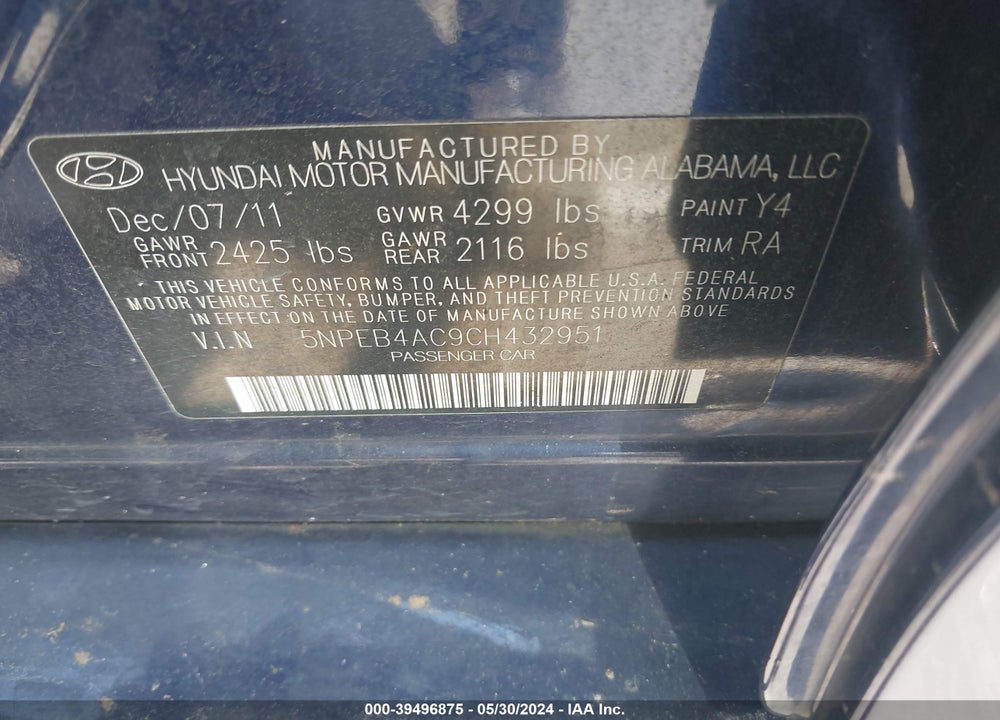 2012 HYUNDAI SONATA GLS VIN: 5NPEB4AC9CH432951