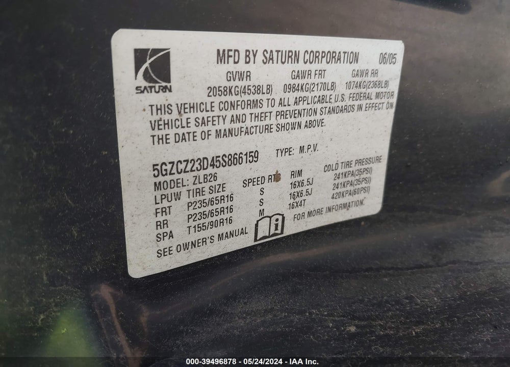 2005 SATURN VUE 4 CYL VIN: 5GZCZ23D45S866159