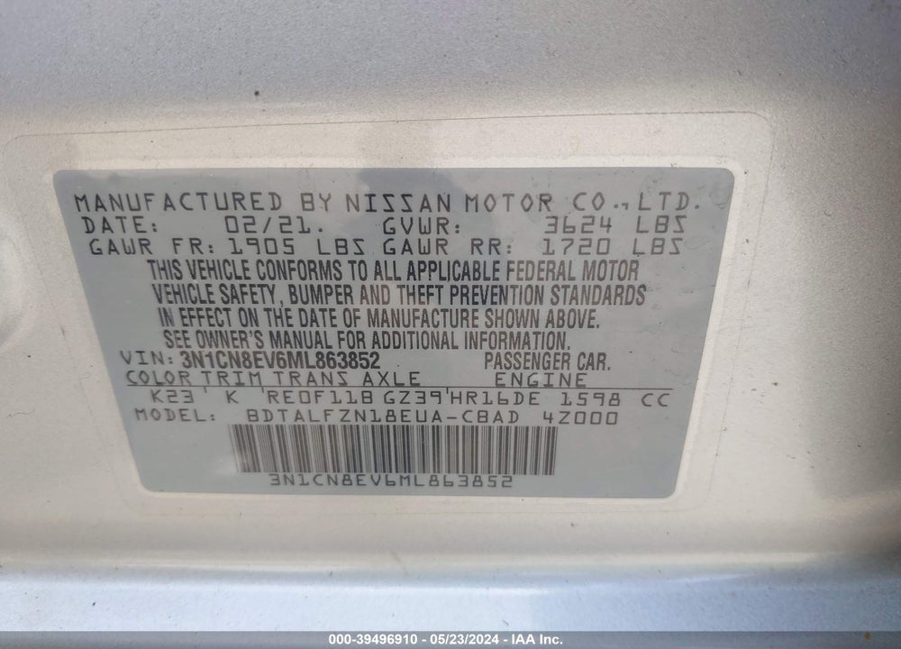 2021 NISSAN VERSA SV XTRONIC CVT VIN: 3N1CN8EV6ML863852