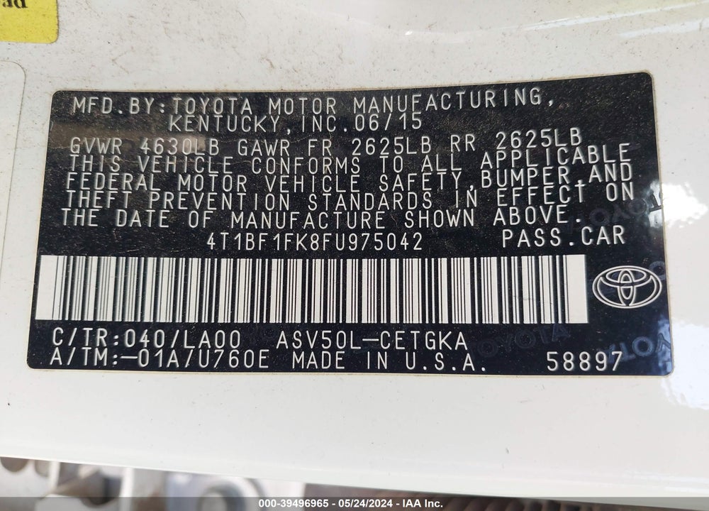 2015 TOYOTA CAMRY XLE VIN: 4T1BF1FK8FU975042