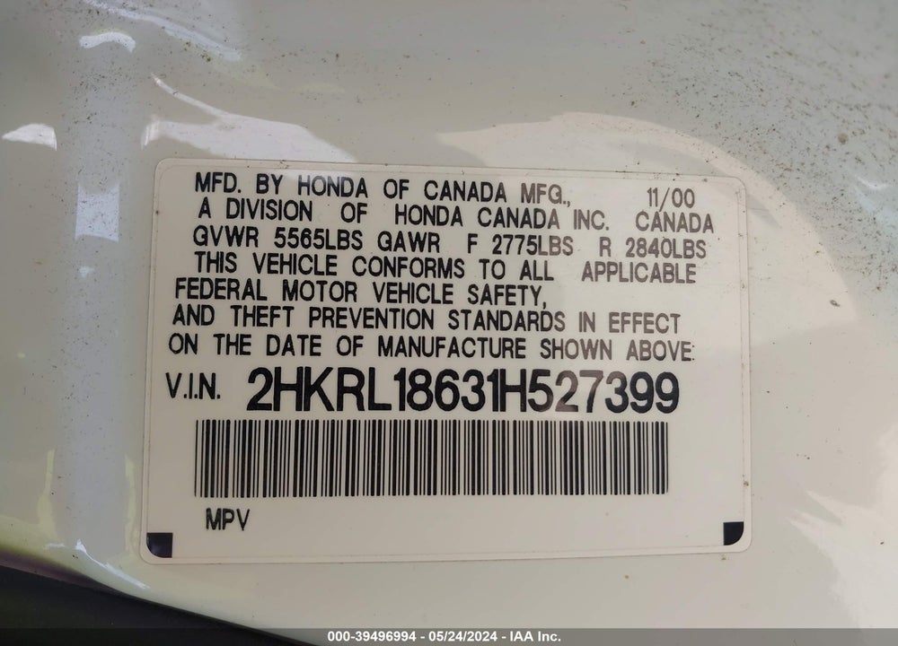 2001 HONDA ODYSSEY EX VIN: 2HKRL18631H527399