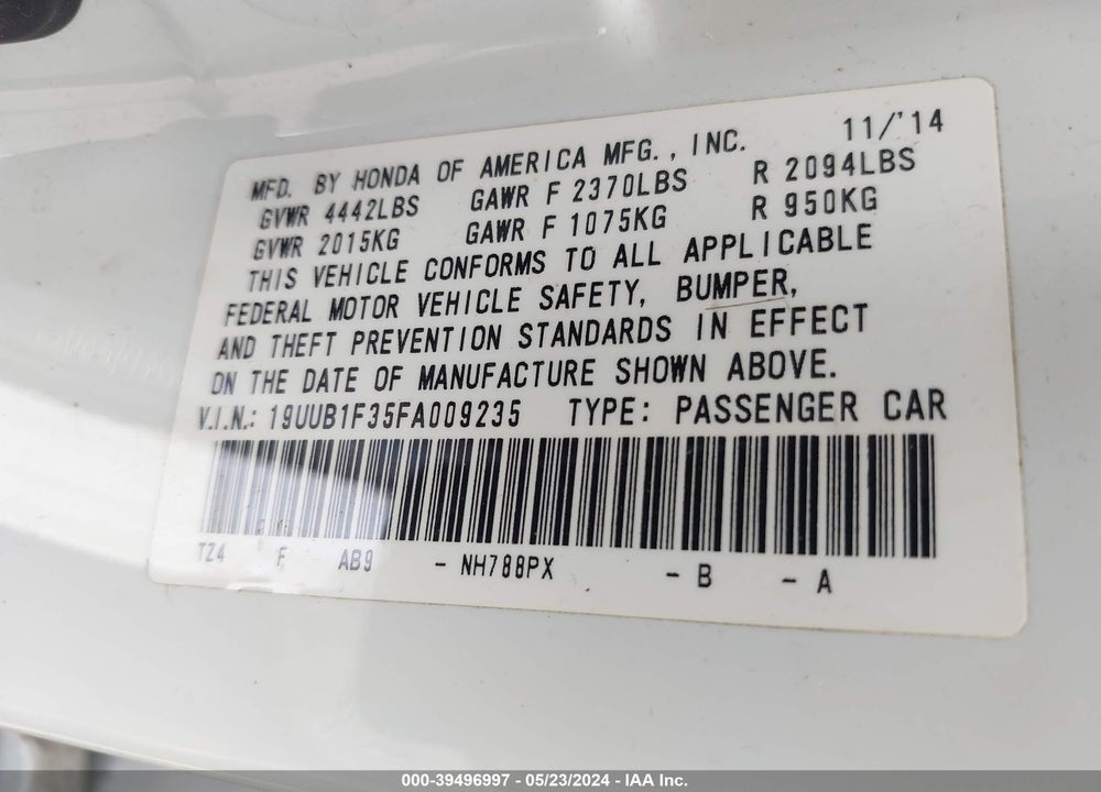 2015 ACURA TLX VIN: 19UUB1F35FA009235