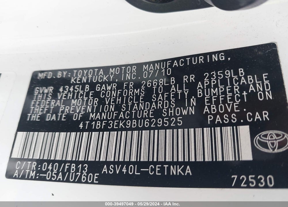 2011 TOYOTA CAMRY LE VIN: 4T1BF3EK9BU629525