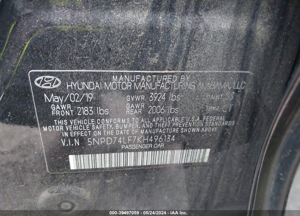 2019 HYUNDAI ELANTRA SE VIN: 5NPD74LF7KH496134
