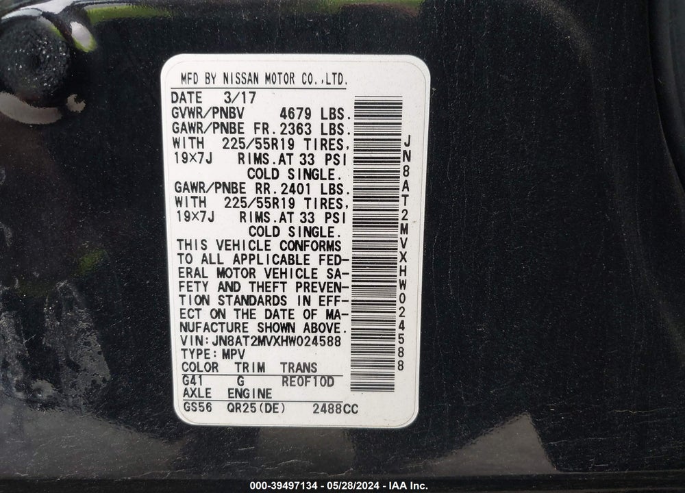 2017 NISSAN ROGUE SL VIN: JN8AT2MVXHW024588