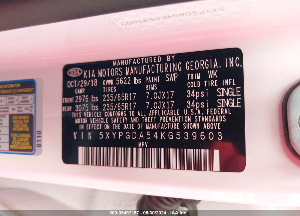 2019 KIA SORENTO 3.3L LX VIN: 5XYPGDA54KG539603