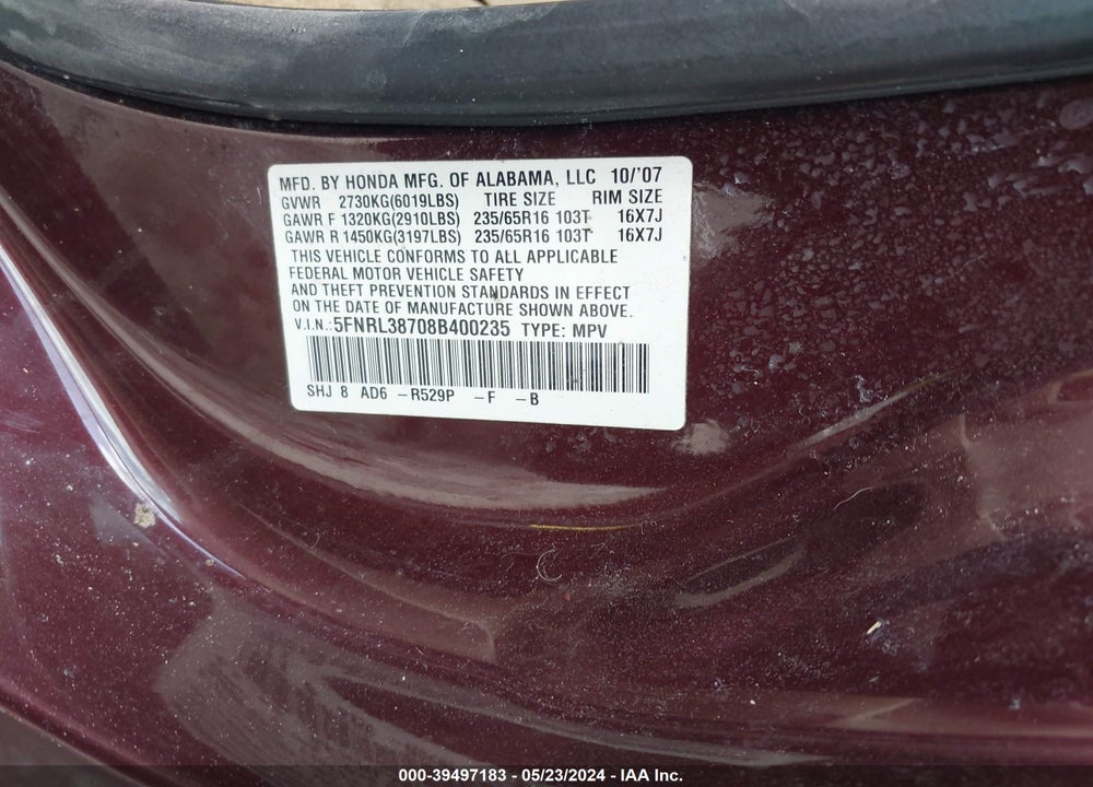 2008 HONDA ODYSSEY EX-L VIN: 5FNRL38708B400235