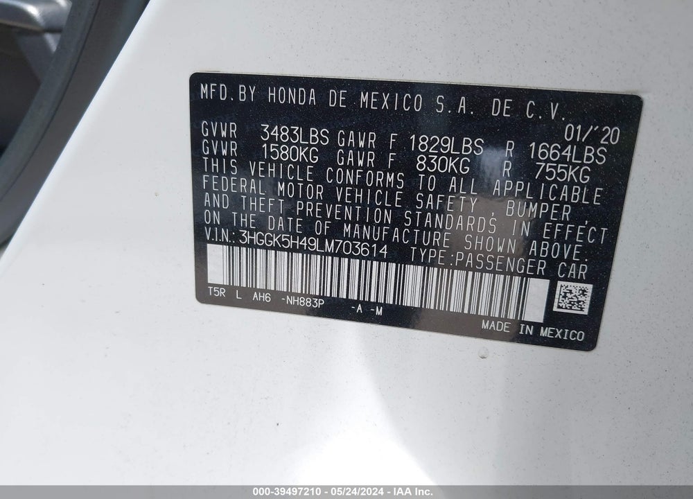 2020 HONDA FIT LX VIN: 3HGGK5H49LM703614