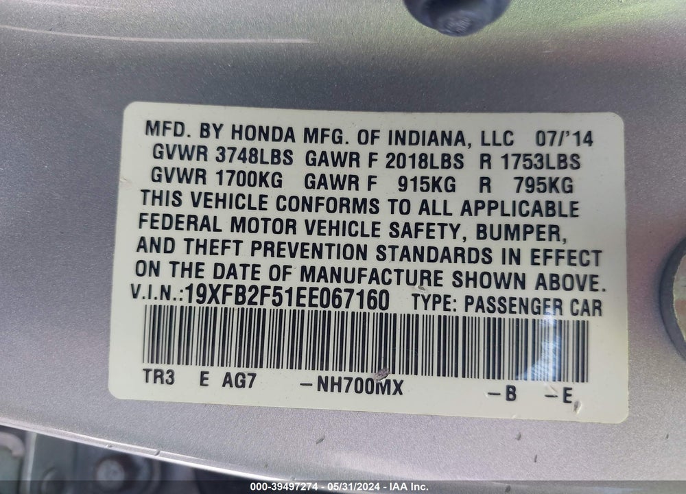 2014 HONDA CIVIC LX VIN: 19XFB2F51EE067160