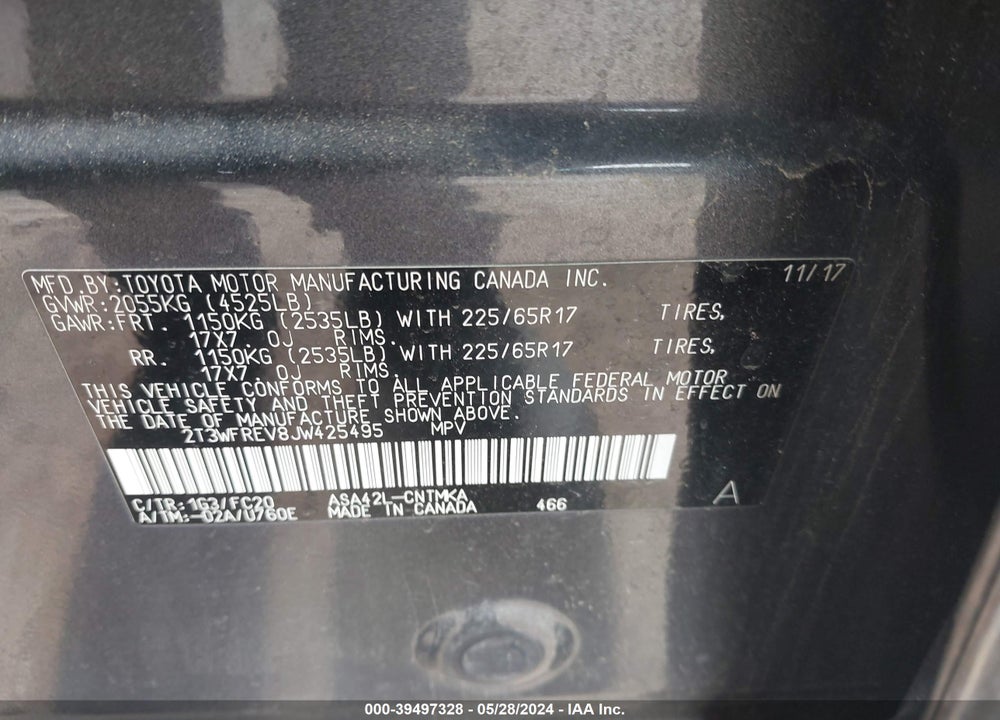 2018 TOYOTA RAV4 XLE VIN: 2T3WFREV8JW425495