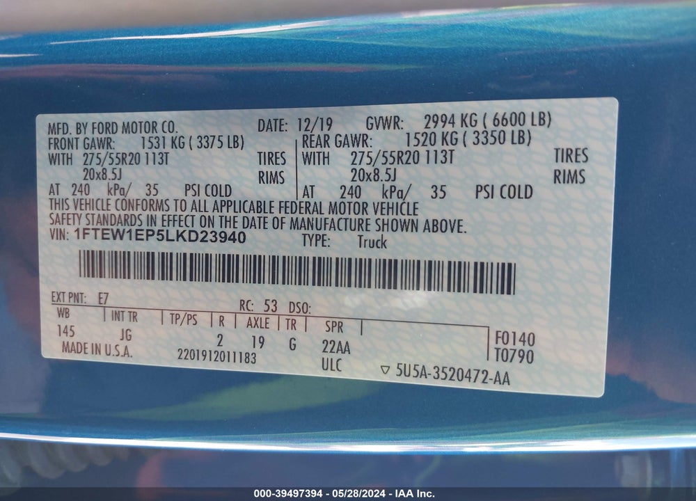 2020 FORD F-150 VIN: 1FTEW1EP5LKD23940