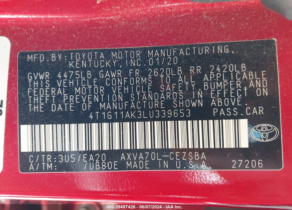 2020 TOYOTA CAMRY VIN: 4T1G11AK3LU339653