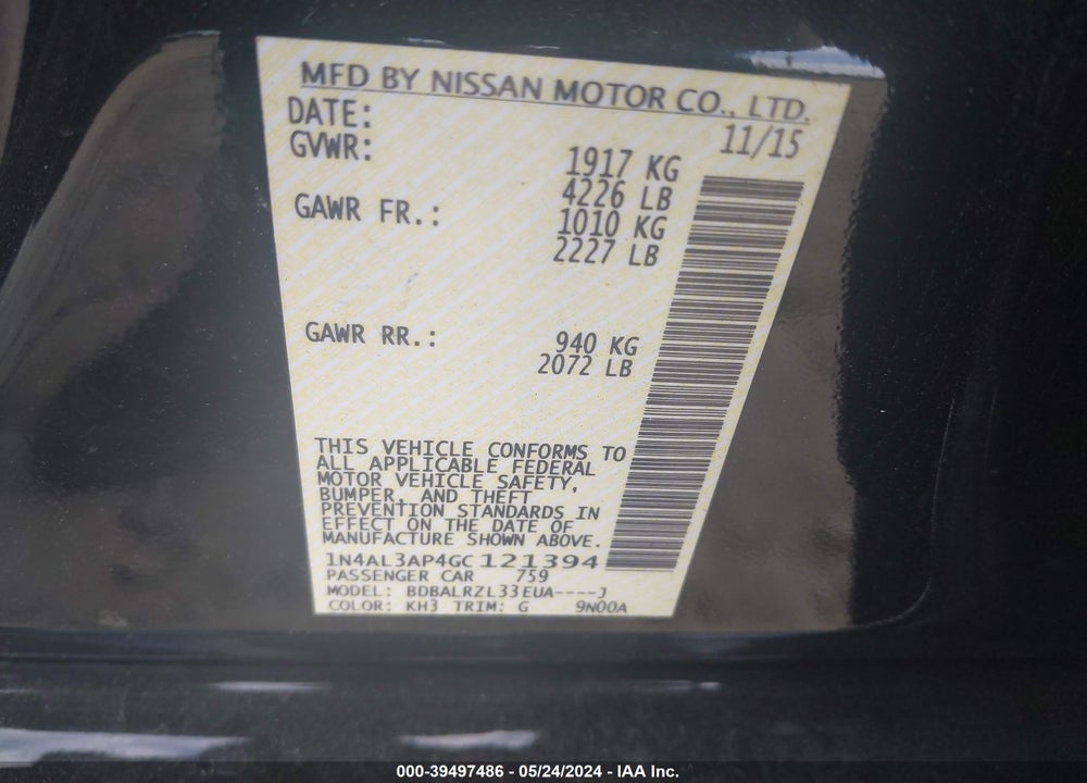 2016 NISSAN ALTIMA VIN: 1N4AL3AP4GC121394