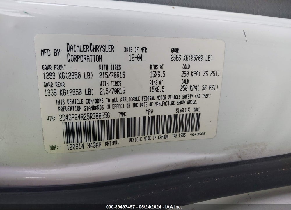 2005 DODGE GRAND CARAVAN SE VIN: 2D4GP24R25R388556
