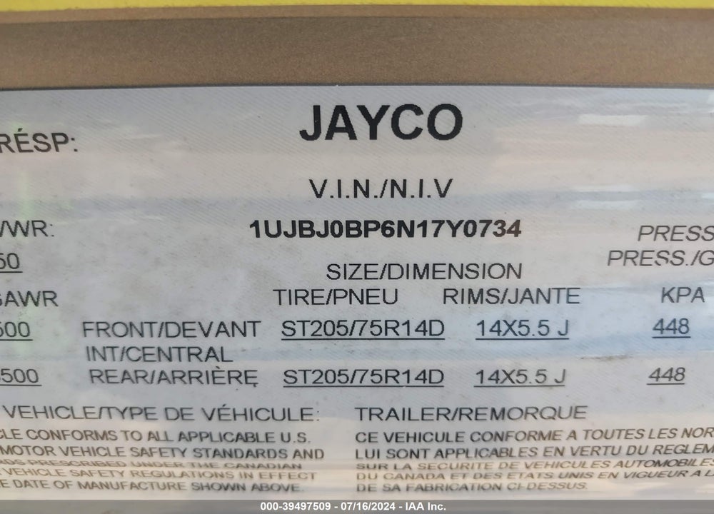 2022 JAYCO JAYFL184BH VIN: 1UJBJ0BP6N17Y0734