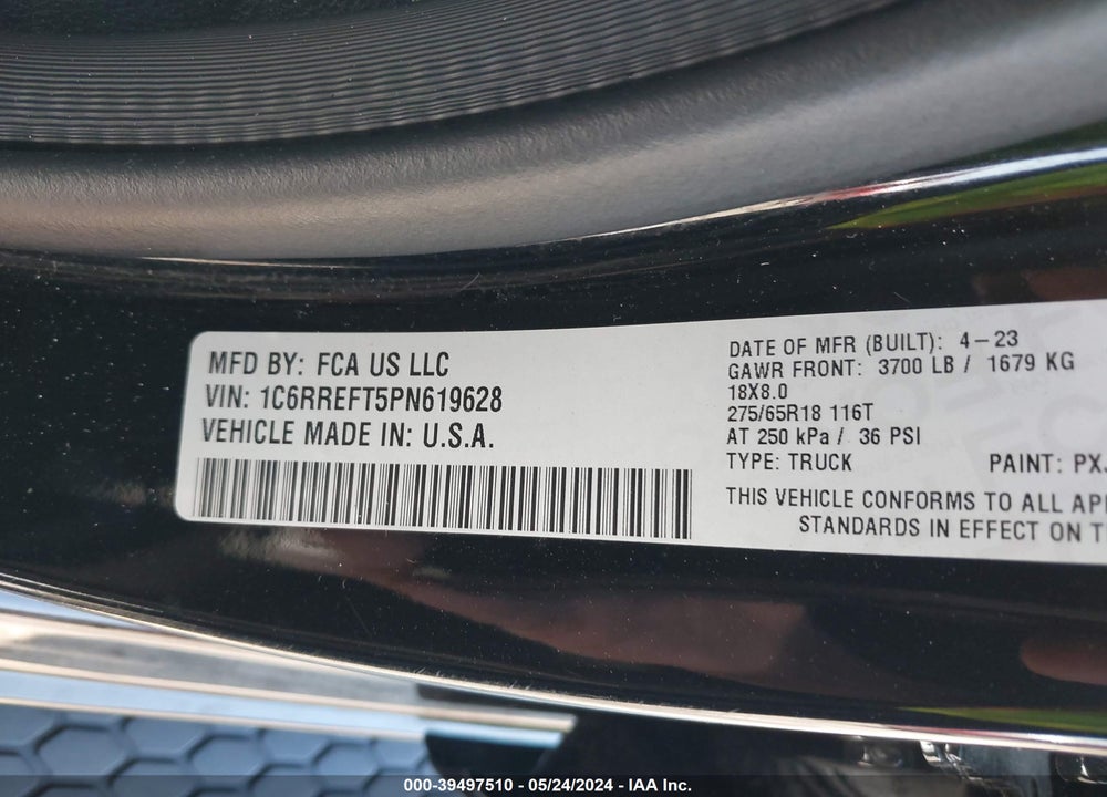 2023 RAM 1500 BIG HORN 4X2 5'7 BOX VIN: 1C6RREFT5PN619628