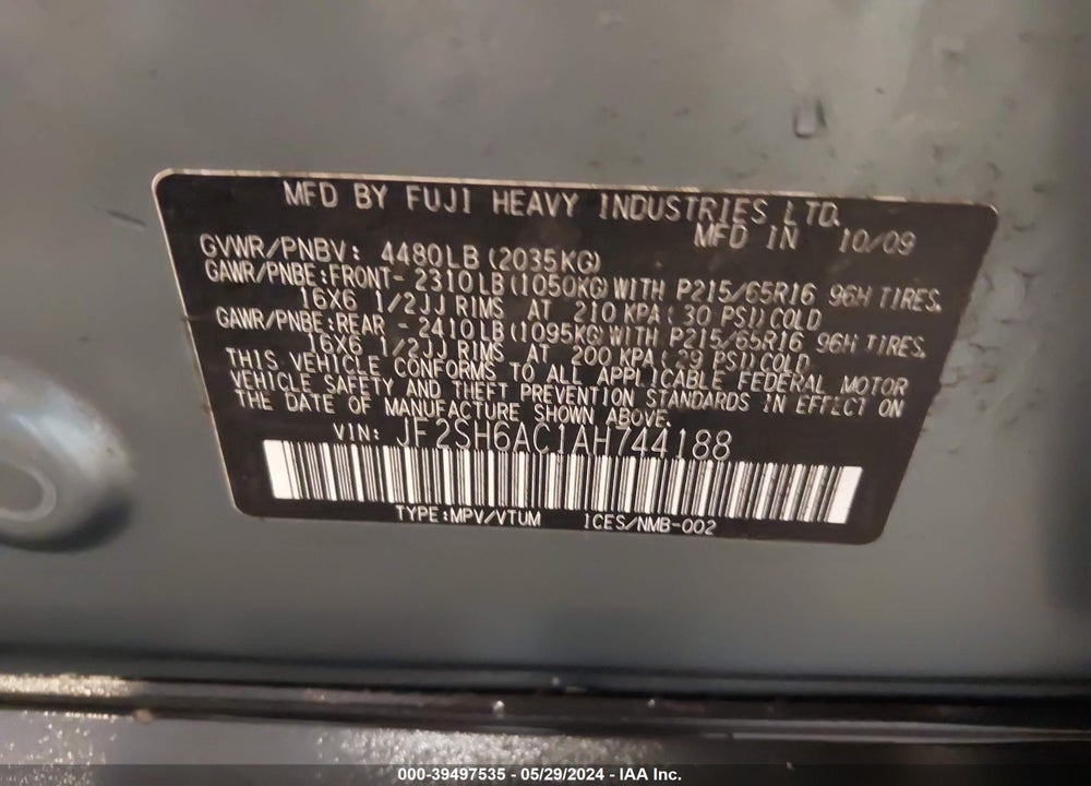 2010 SUBARU FORESTER VIN: JF2SH6AC1AH744188
