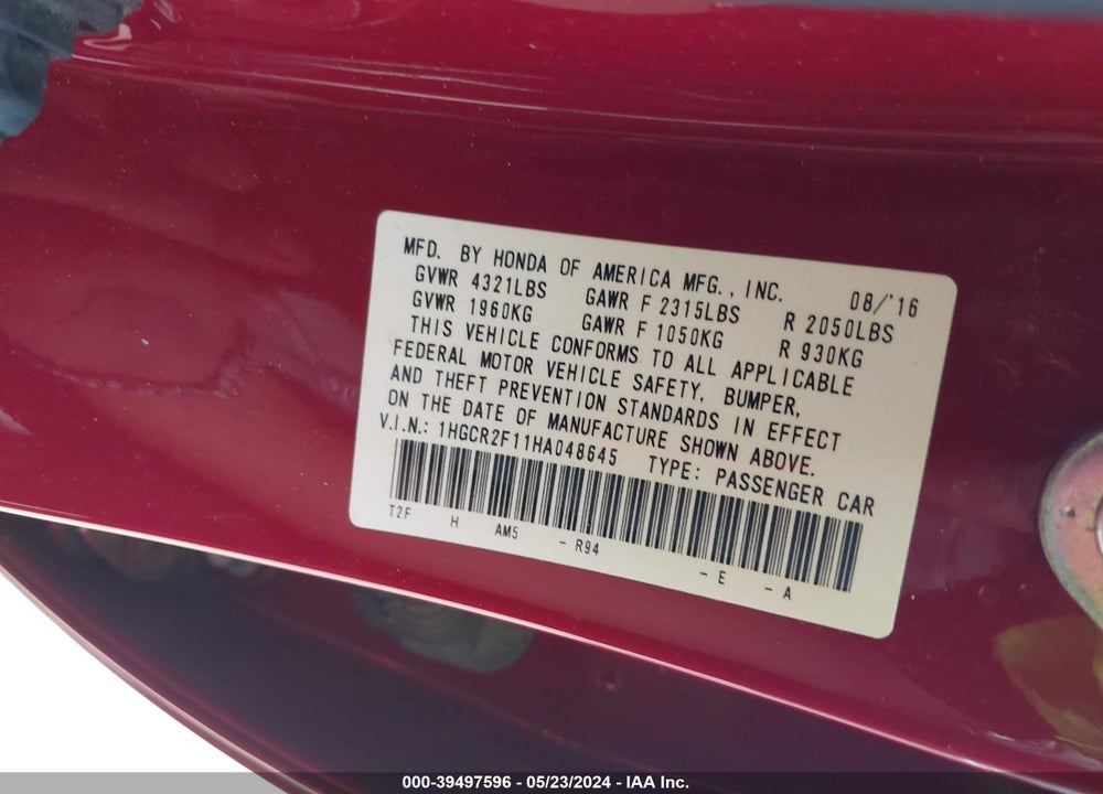 2017 HONDA ACCORD SPORT SE VIN: 1HGCR2F11HA048645