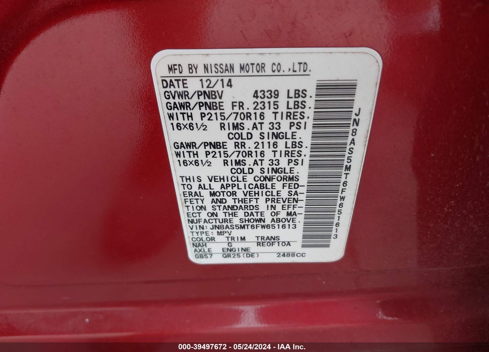 2015 NISSAN ROGUE SELECT S VIN: JN8AS5MT6FW651613