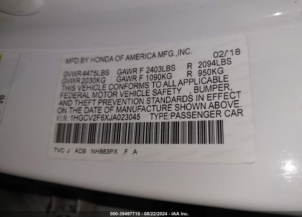 2018 HONDA ACCORD EX-L 2.0T VIN: 1HGCV2F6XJA023045