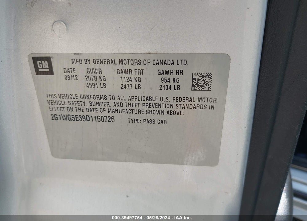 2013 CHEVROLET IMPALA LT VIN: 2G1WG5E39D1160726