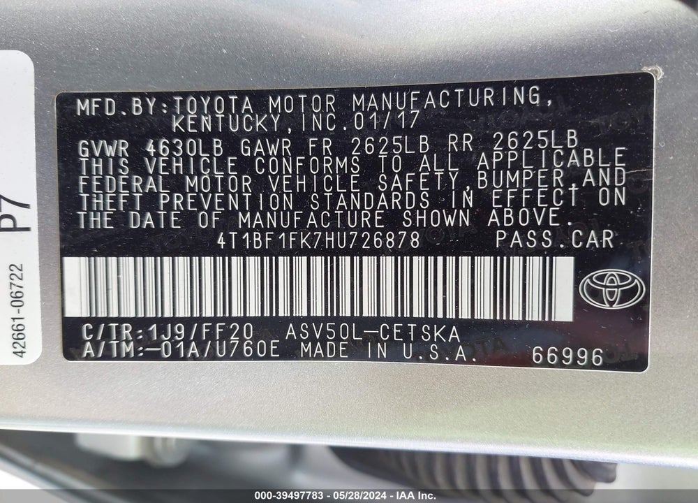2017 TOYOTA CAMRY SE VIN: 4T1BF1FK7HU726878