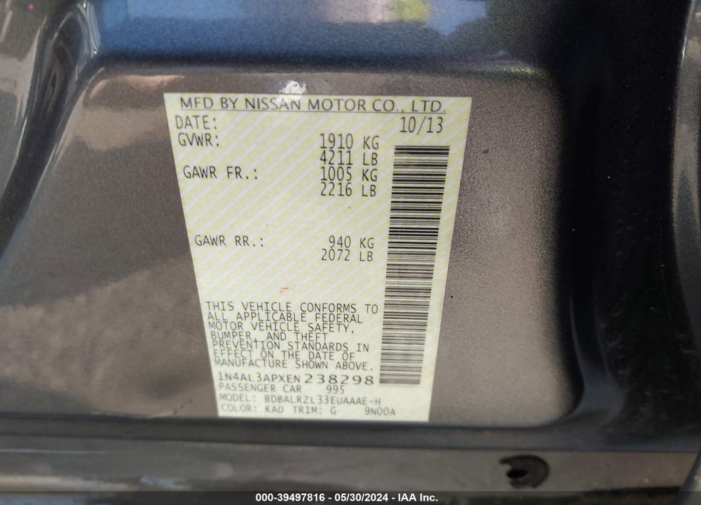 2014 NISSAN ALTIMA 2.5 S VIN: 1N4AL3APXEN238298