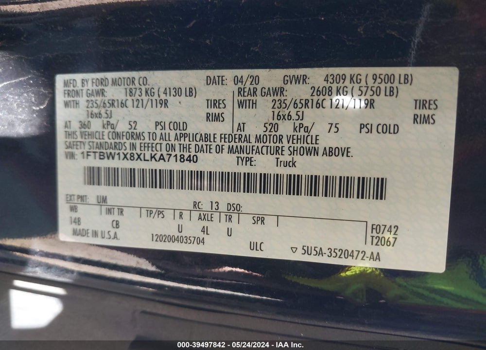 2020 FORD TRANSIT-350 VIN: 1FTBW1X8XLKA71840