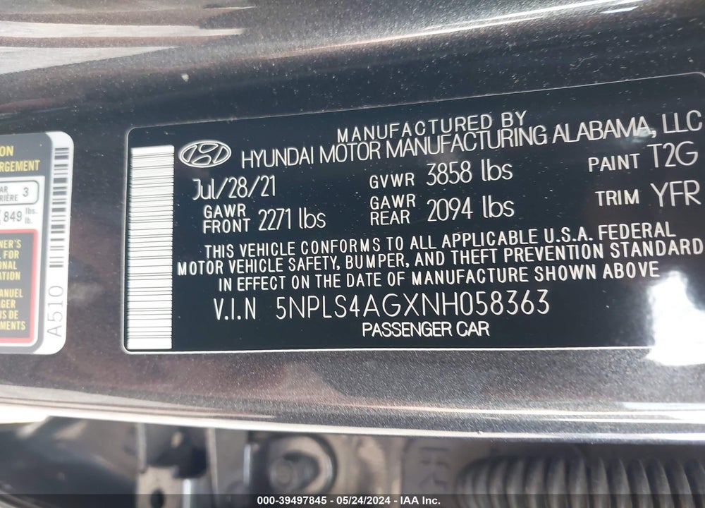2022 HYUNDAI ELANTRA SEL VIN: 5NPLS4AGXNH058363
