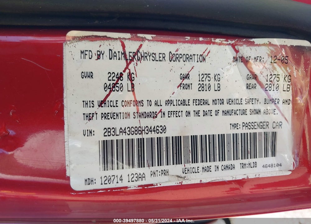 2006 DODGE CHARGER VIN: 2B3LA43G86H344630