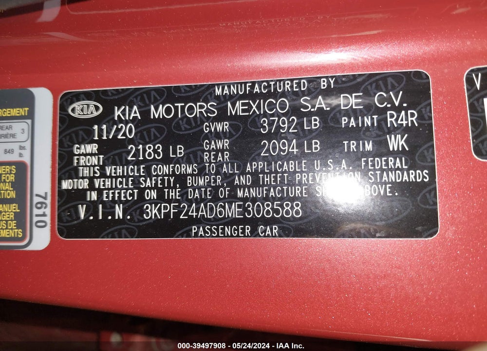 2021 KIA FORTE LXS VIN: 3KPF24AD6ME308588
