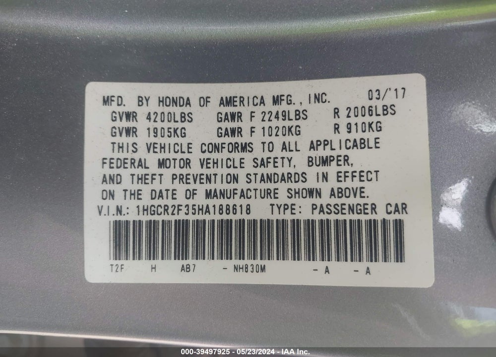 2017 HONDA ACCORD LX VIN: 1HGCR2F35HA188618
