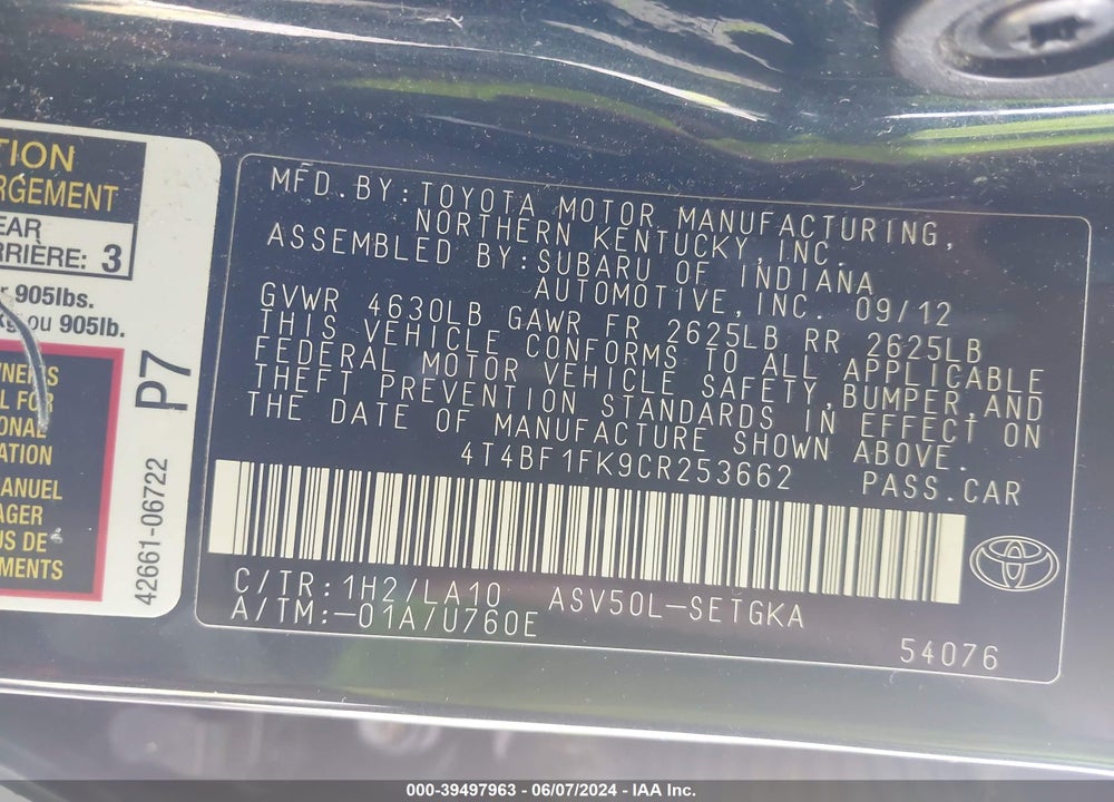 2012 TOYOTA CAMRY XLE VIN: 4T4BF1FK9CR253662