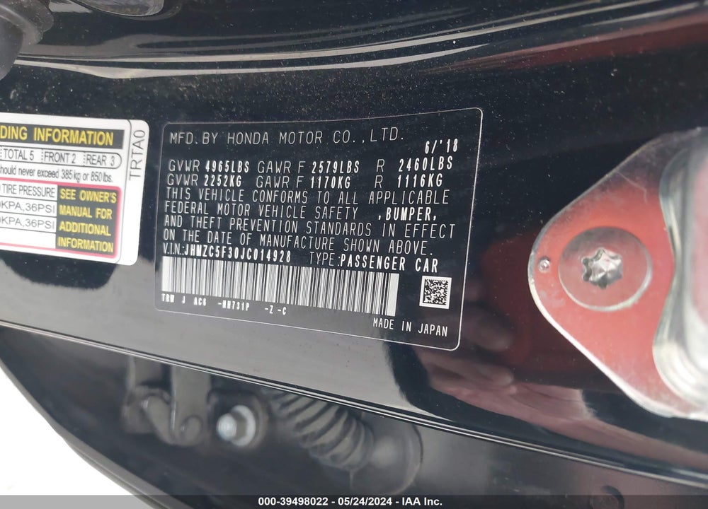 2018 HONDA CLARITY PLUG-IN HYBRID TOURING VIN: JHMZC5F30JC014928