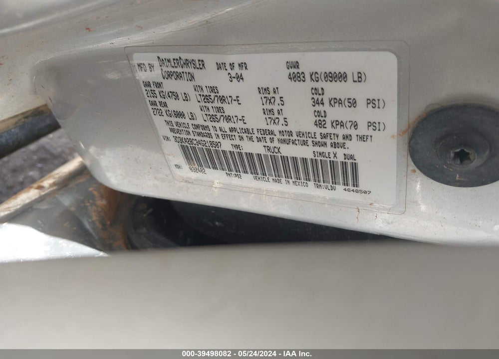 2004 DODGE RAM 2500 SLT/LARAMIE VIN: 3D3KA28C34G218507