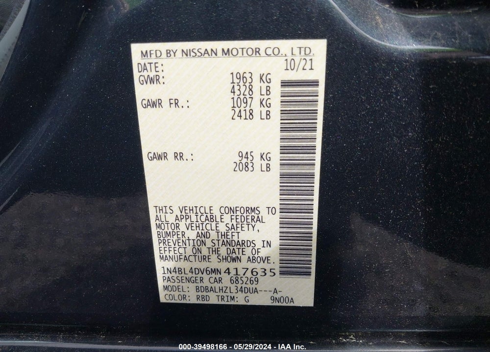 2021 NISSAN ALTIMA SV FWD VIN: 1N4BL4DV6MN417635